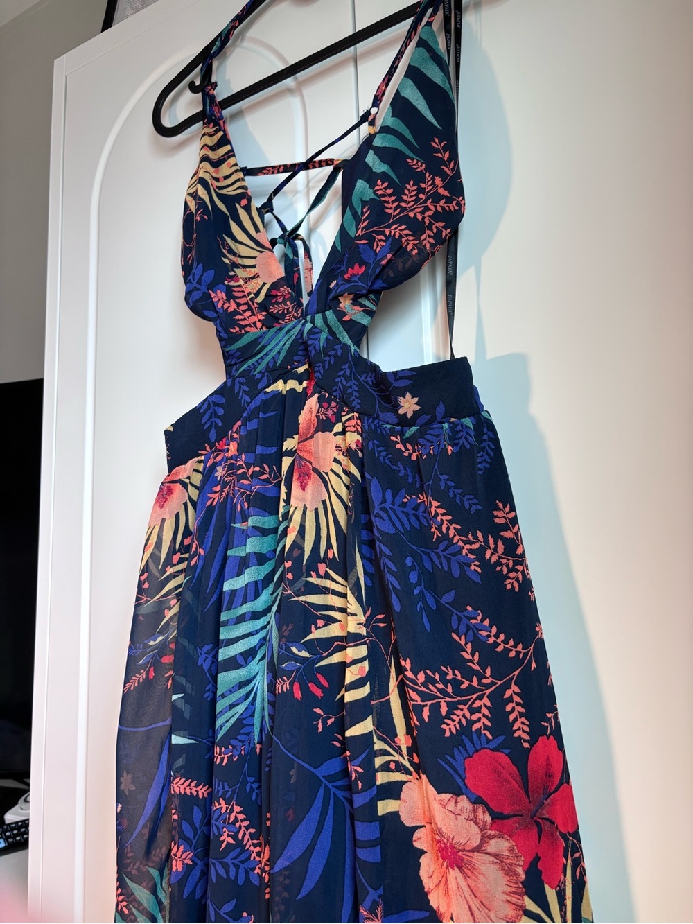 Papaya Navy Floral Cutout Maxi Dress with Coral & Teal Accents